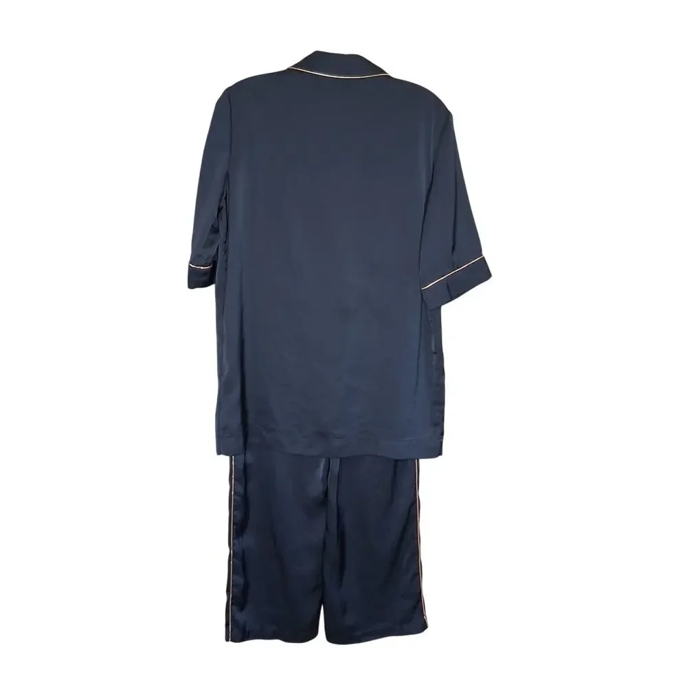 Stella McCartney 100% Silk Black 2 Piece Pajama Set Gold Piping Size Large